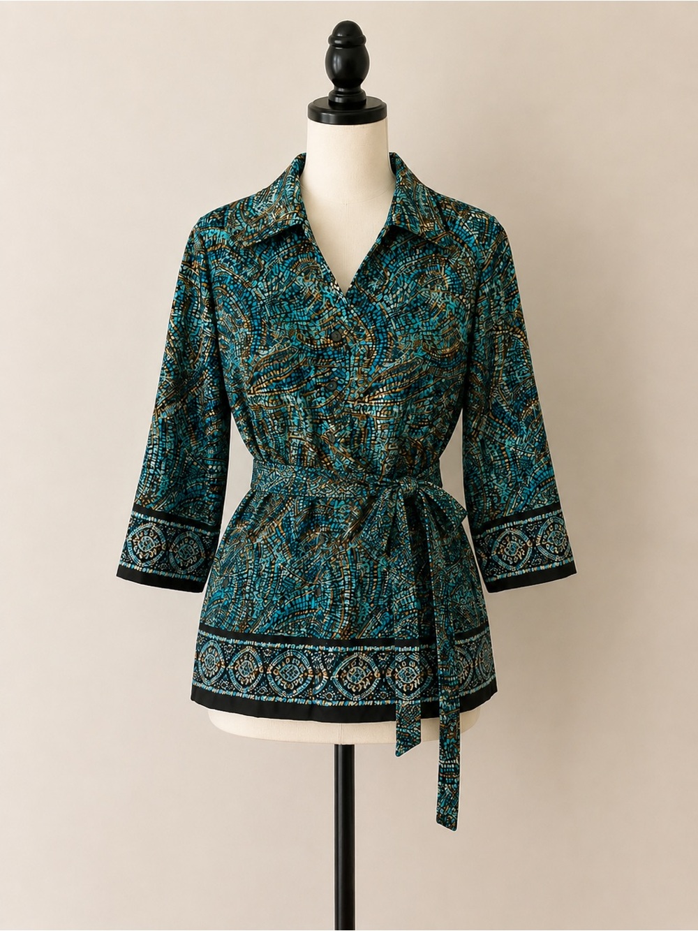 NWT Teal Abstract Print Tie Waist Blouse 16W